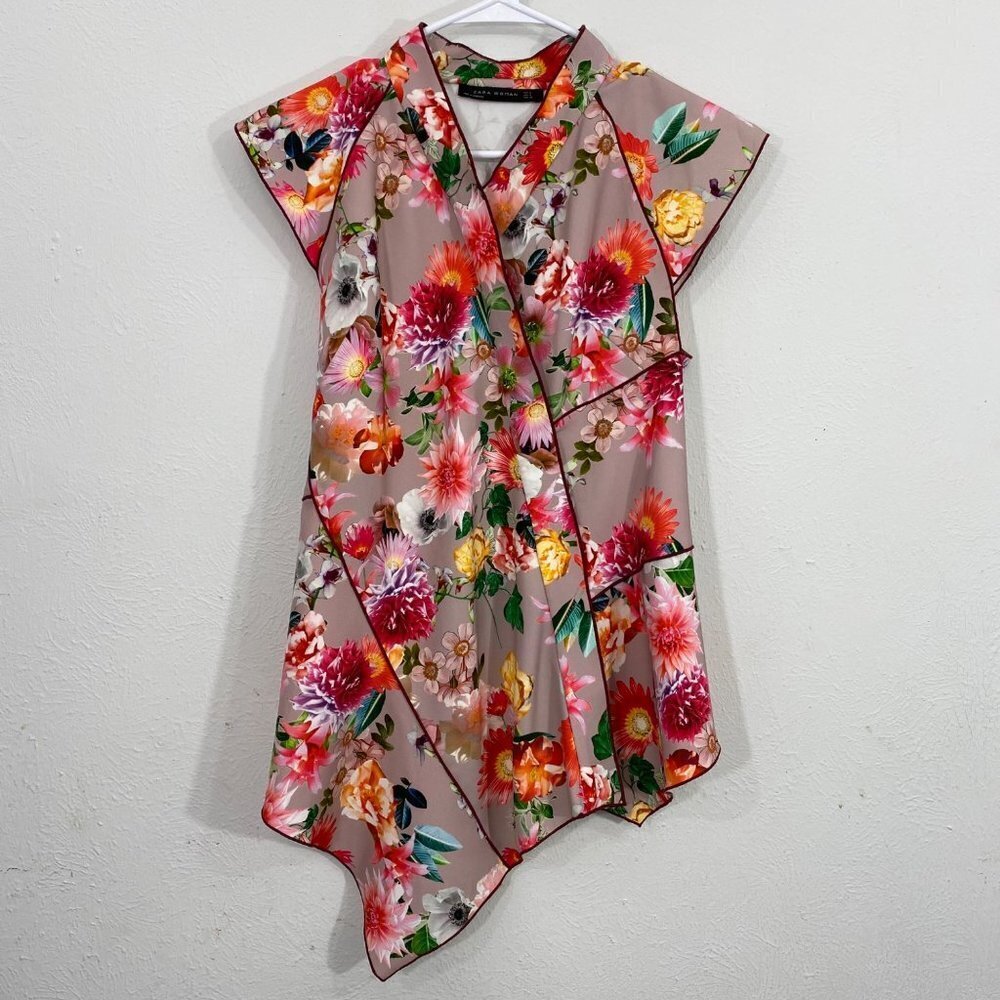 Zara Womens Blouse Top Size Medium Multicolor Floral Mandarin Asian Uneven Hem S